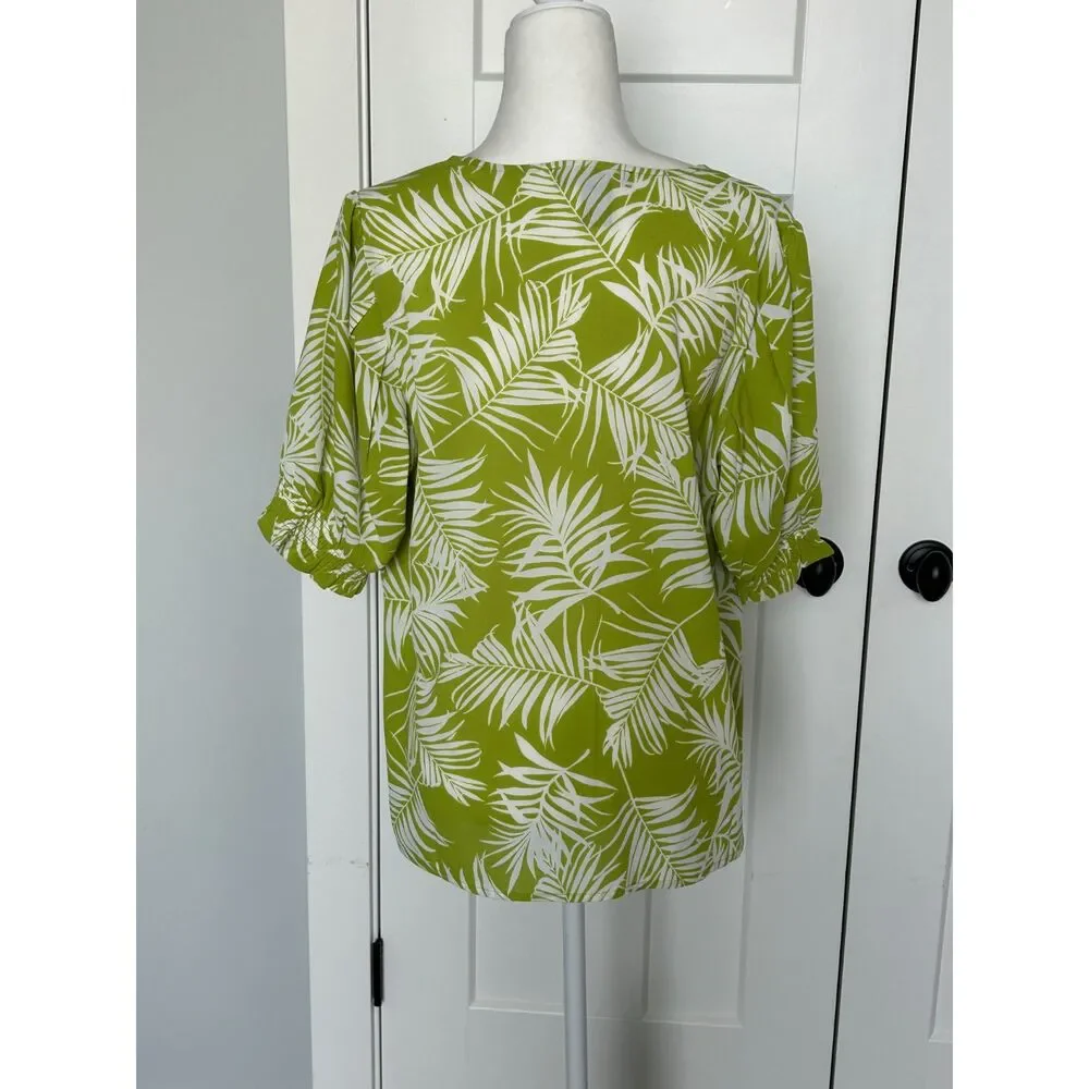 Olivia and Martin Tropical Palm Print Blouse, Size L, Green and White - Picture 4 of 5